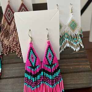 Elegant Pink Turquoise Tribal Boho Western Beaded Earrings Gift Idea Cowgirl